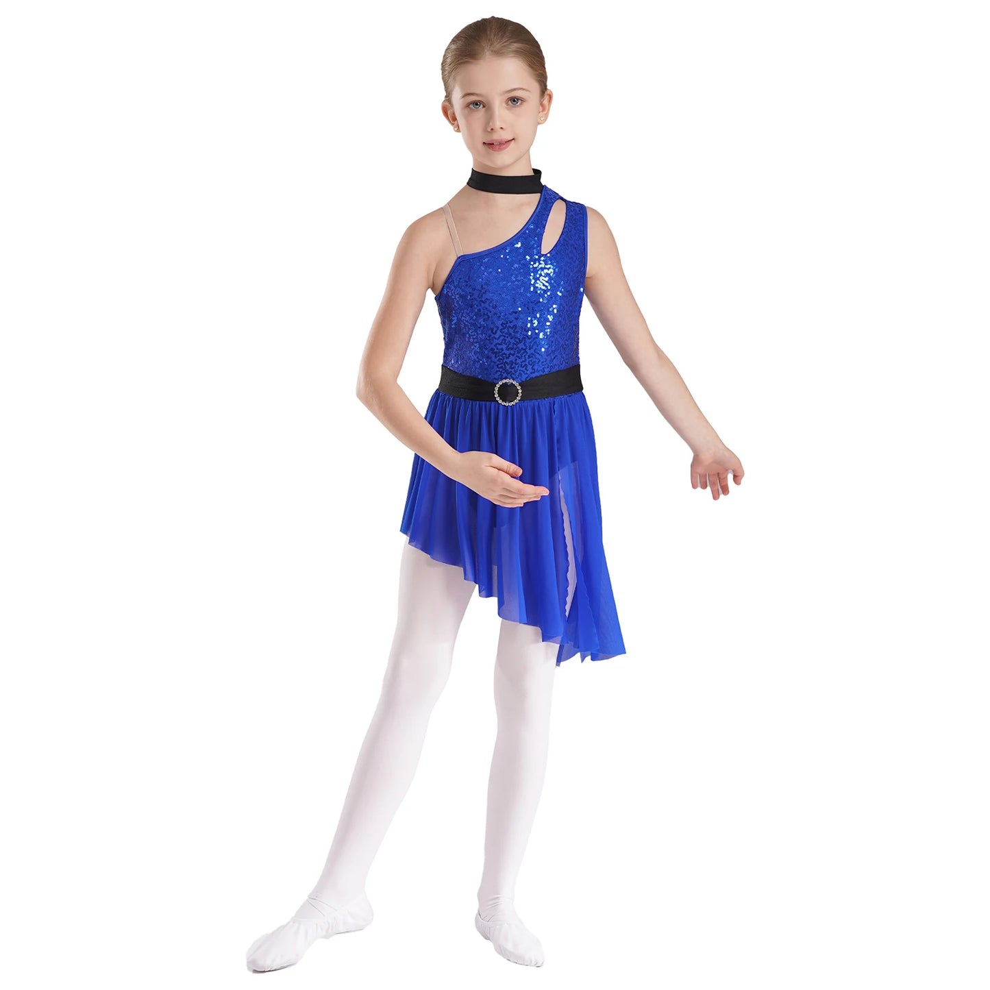 Kids Girls Lyrical Dance Costume Cutout One Shoulder Ballet Asymmetrical Tulle Dress Leotard Modern Contemporary Dancewear