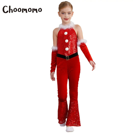 Girls Christmas Costume Santa Claus Velvet Sequins Bell Bottoms Jumpsuit with Arm Sleeve Merry Xmas Holiday Festive Outfits