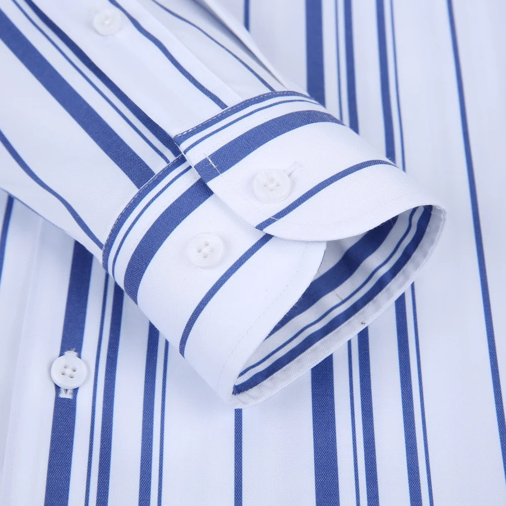 Men&#39;s Smart Casual Long Sleeve Striped Dress Shirts Without Pocket Business Standard-fit Button-down Collar Office Social Shirt