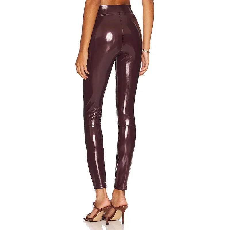 Faux Latex Hose mit hoher Taille Frauen glänzende Paten leder Leggings Damen schlanke Spleißen kurze Hosen Wettlook Clubwear benutzer definierte