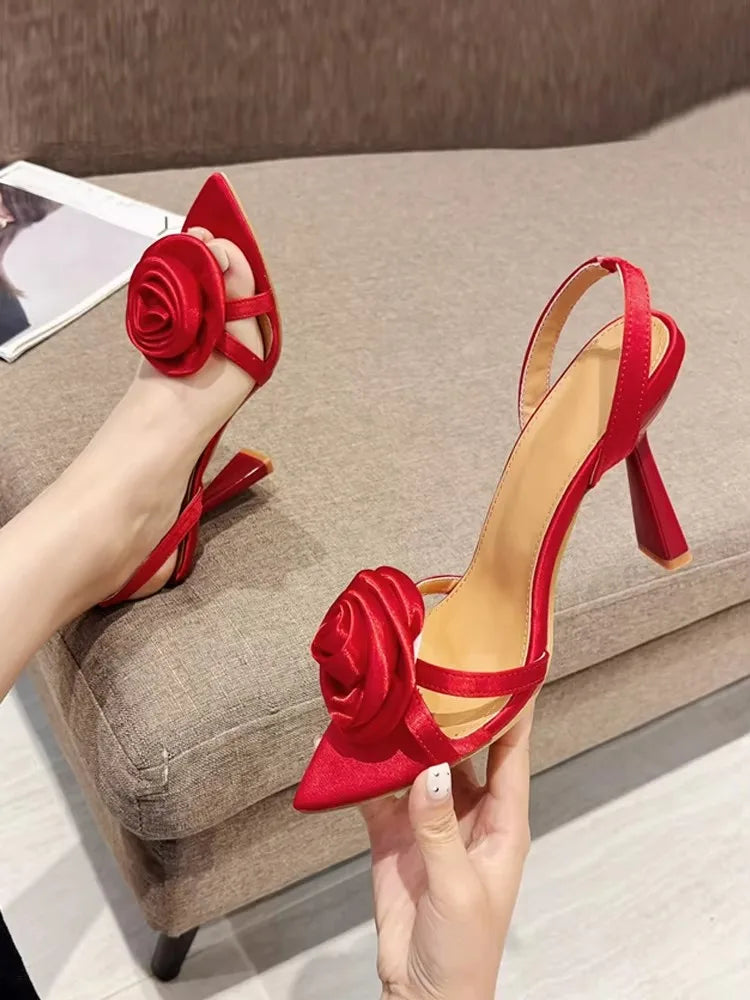 Liyke Mode-Design Grüne Seide Rose Blumen Frauen Hausschuhe Sandale Sexy Spitz Offene spitze Dünne High Heels Sommer Party Kleid Schuh