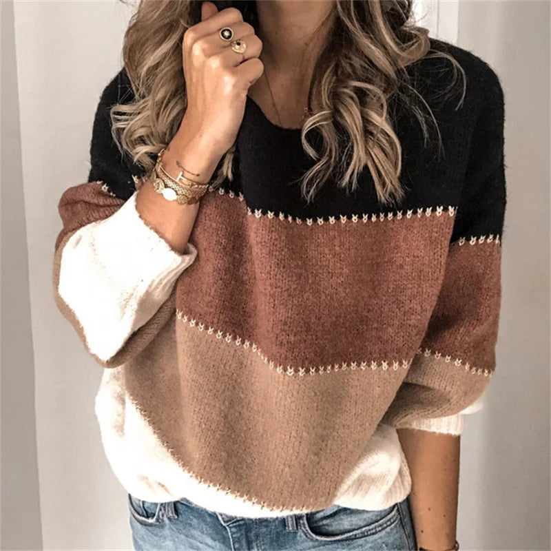 Herbst Winter Warme Farbe Blockieren Pullover Frauen Neue Laterne Langarm Strickwaren O Neck Jumper Weibliche Beiläufige Lose Gestrickte Tops