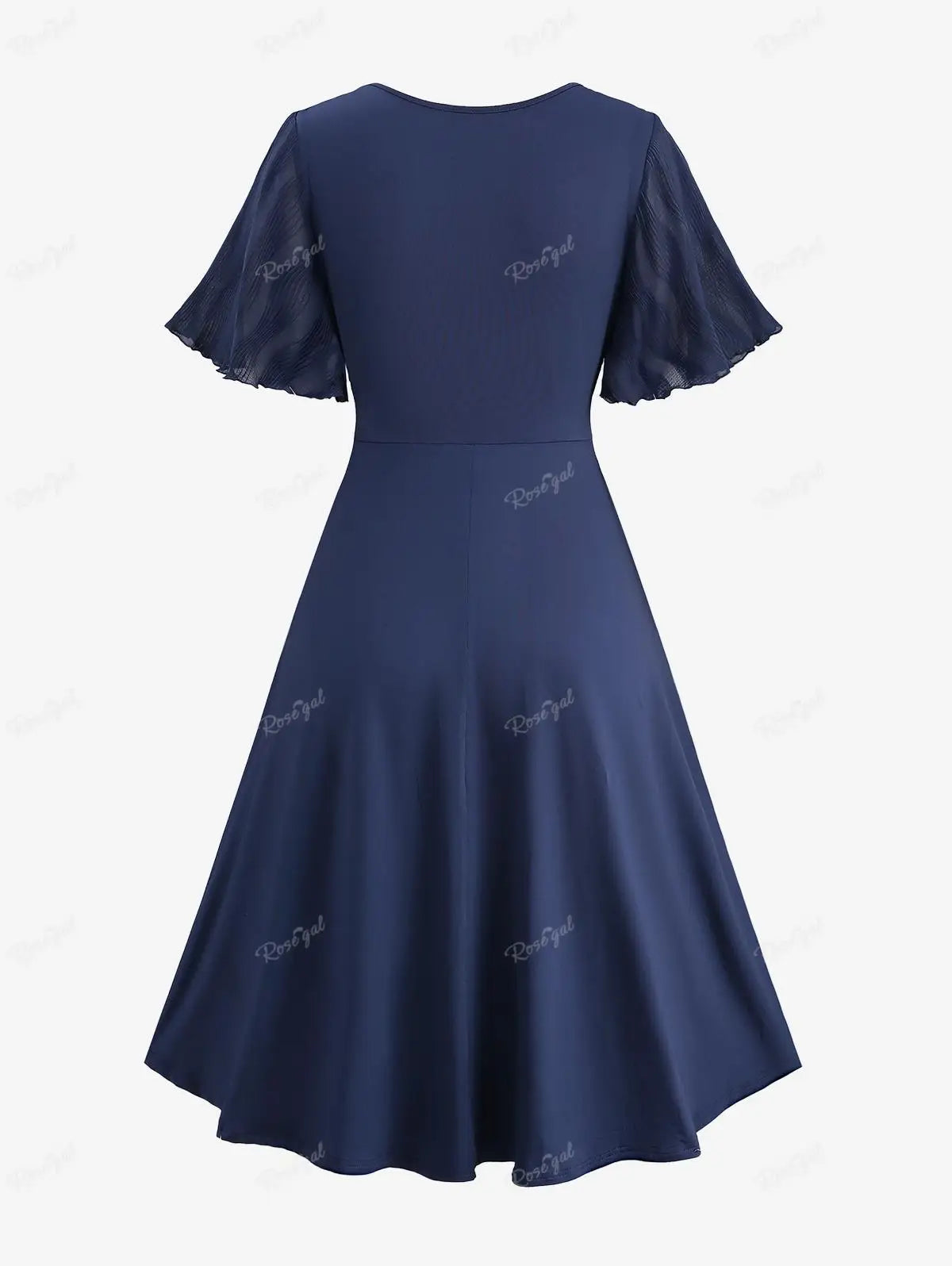 Rosegal Plus Size Jacquard Kleid tiefblau Surplice geraffte Rüschen Trim Perle Pin Tulpe Saum Tasche Kleider lässig V-Ausschnitt Vestido