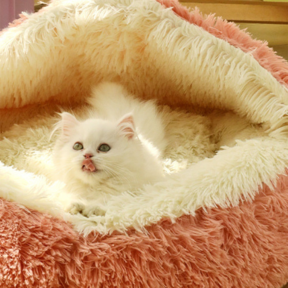 Long Plush Pet Cat Bed Round Cat Cushion Kitten Basket Nest Kennel For Small Dog Cat Supplies House Cats Goods Products Cushions
