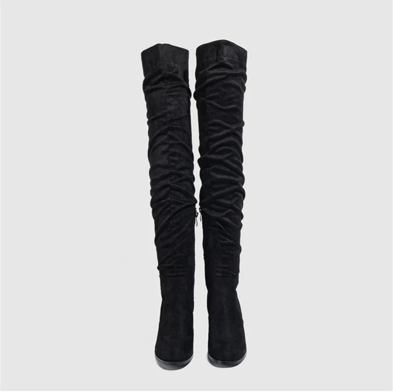 Liyke 2024 Herbst Winter schwarz braun über dem Knie Stiefel Frauen sexy spitzen Zehen Reiß verschluss Oberschenkel hohe Schuhe quadratische Absätze Stiefeletten femme