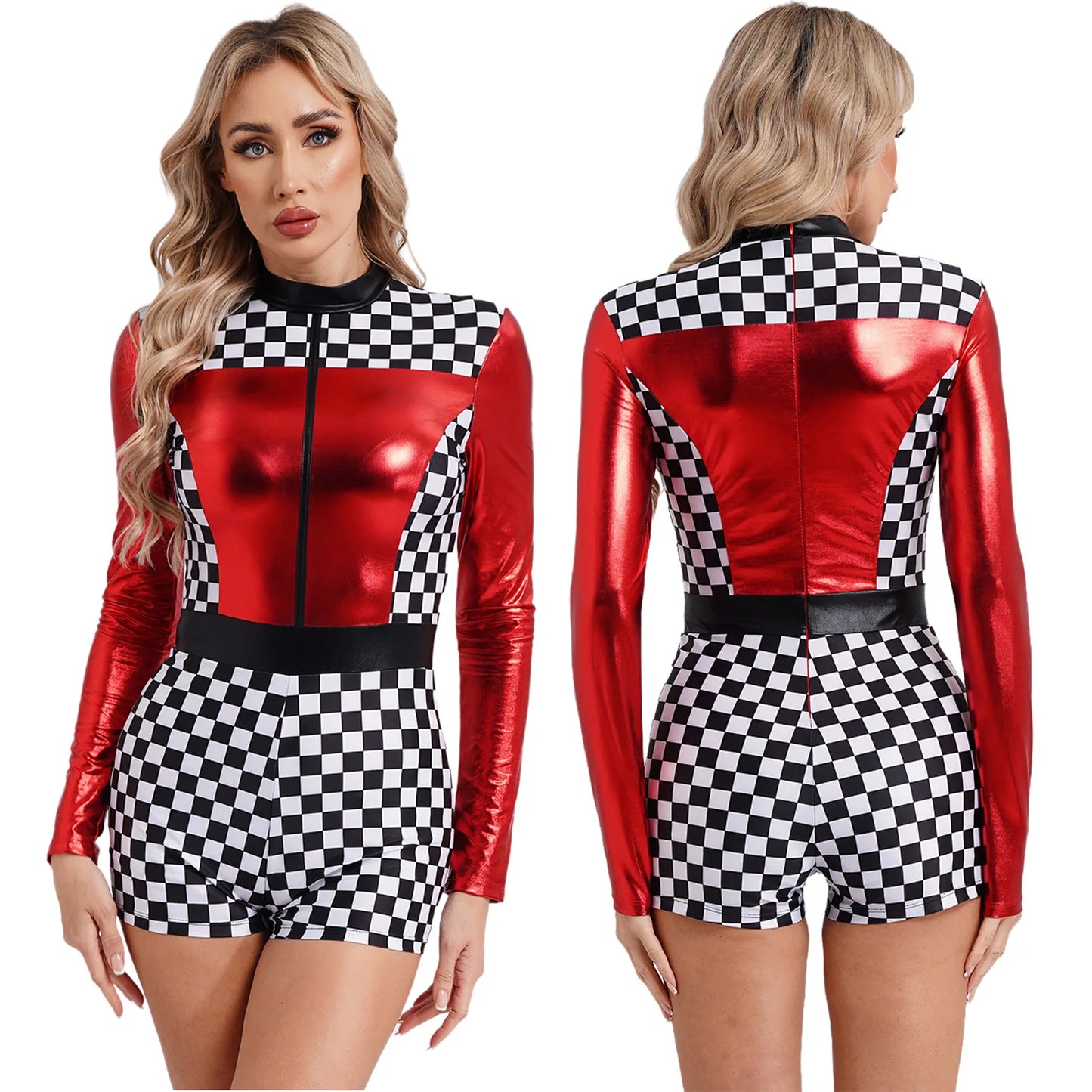 Womens Speed Car Driver Kostüm Halloween Racer Pullover Langarm Metallic Bodysuit Overall Cosplay Party Kostüm