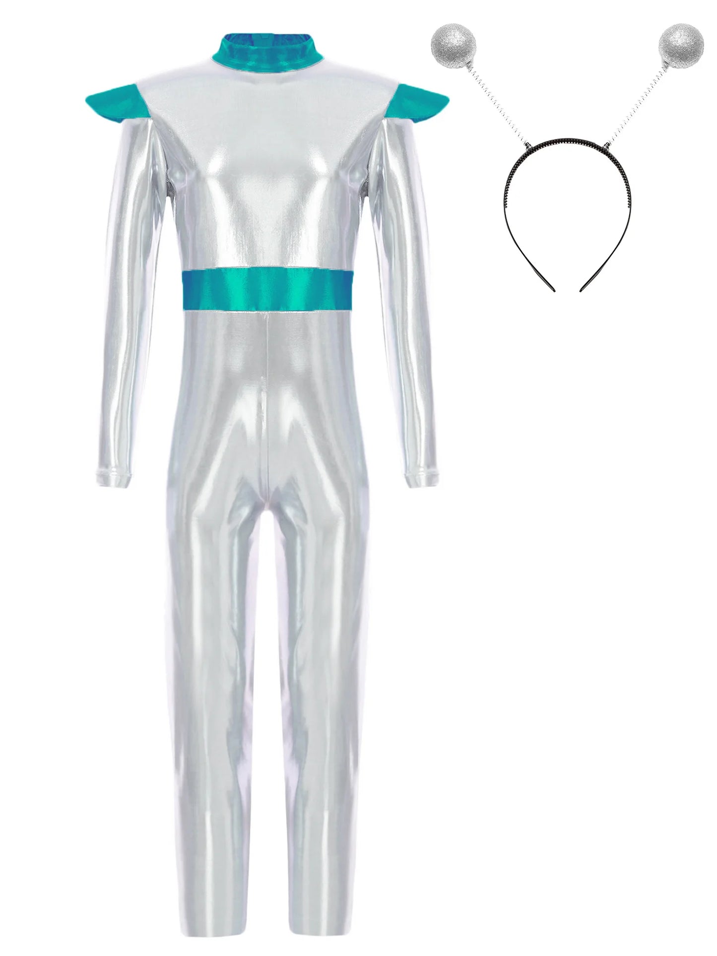 Kinder Mädchen Alien Kostüm Weltraum Kadett Holographische Metallic Ganzkörper Bodysuit Overall Halloween Party Cosplay Dress Up