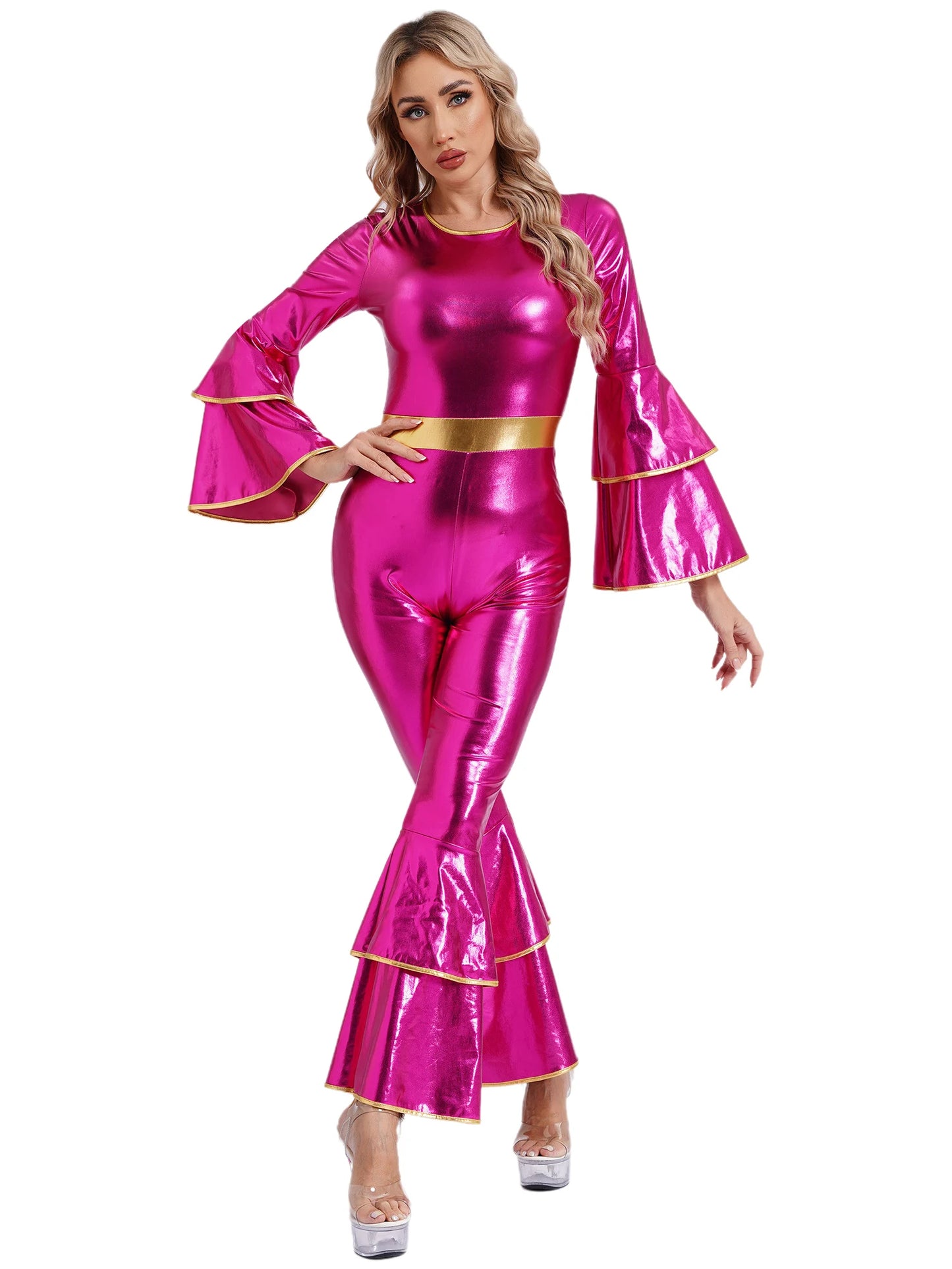 Damen Disco Kostüme sexy glänzend metallisch Retro Tanz Overall 70er 80er Jahre Hippie-Thema Party Halloween Cosplay Kostüm