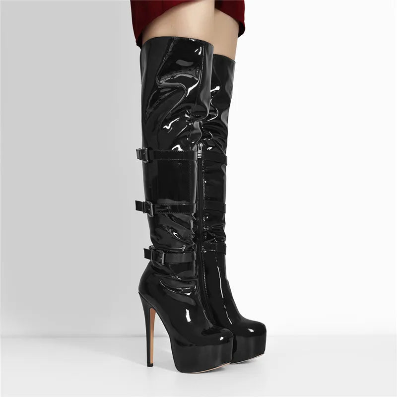 Only maker Frauen Plattform runde Zehen Stiletto Seite Reiß verschluss über dem Knie hohe Stiefel Lack leder rot Mode sexy Winters tiefel