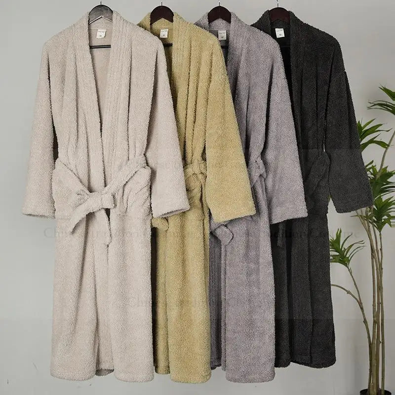 Verdickte warme Fleece-Duschroben, langer Kimono-Bademantel für Herren, lockere Nachtwäsche, Paar-Peignoir-Kleid mit Tasche, weiche Loungewear