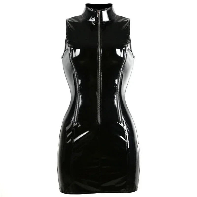 Frauen ärmellose glänzende Kunstleder Mini kleider Damen sexy schlanke High Neck Lack leder vorne Reiß verschluss offen Tank Kleid neue benutzer definierte