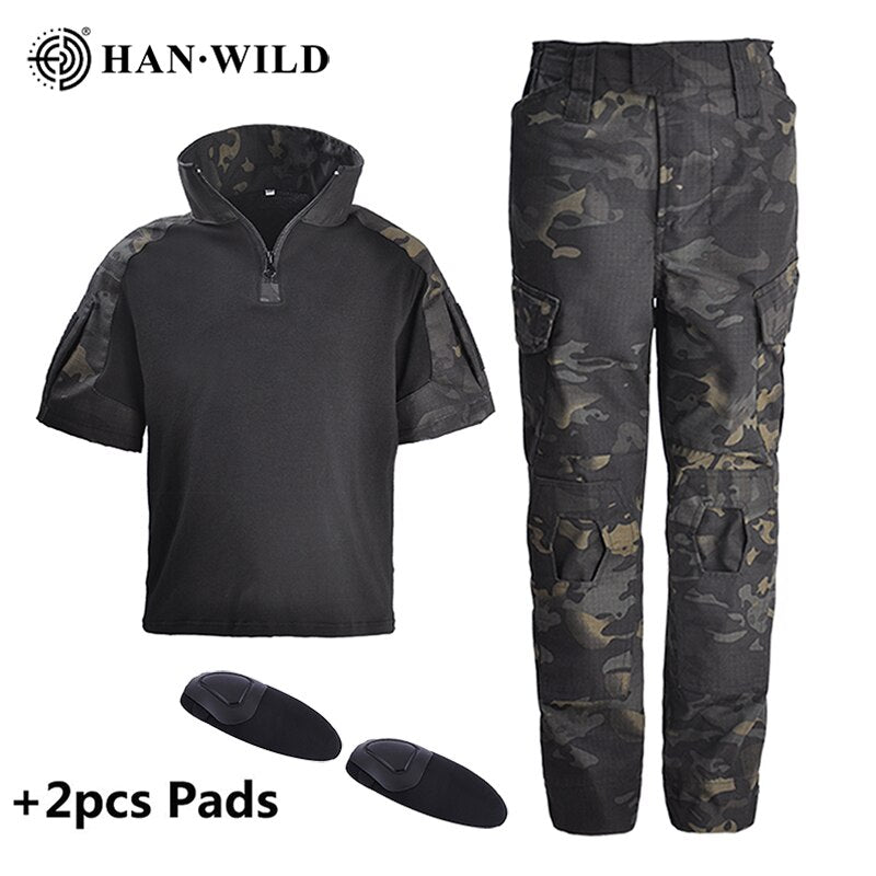 HAN WILD Children Military T-shirt and Pants with Pads Tactical Suits Combat Sets Boy Girl Camouflage Jungle Kids Summer Camp