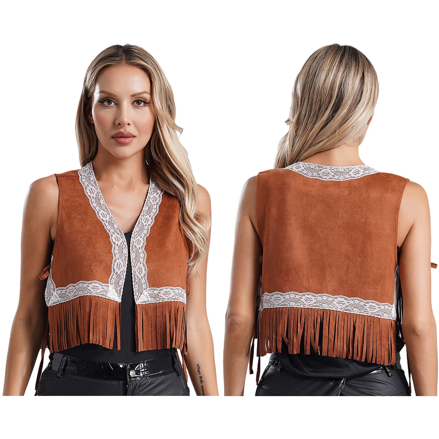 Damen Western Cowgirl ärmellose Spitzen besatz Fransen Quaste Weste Weste 70er Jahre Hippie Mantel Jacke Strickjacke Halloween Kostüm