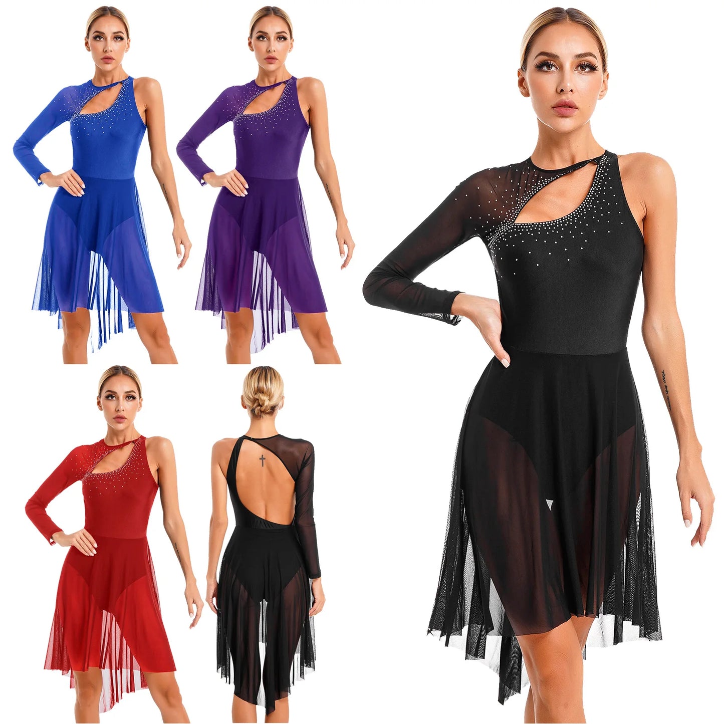 Adult Mesh Long Sleeve One Shoulder Ballet Dance Dress Gymnastics Leotard Women Figure Ice Skating Costume Performance Dancewear