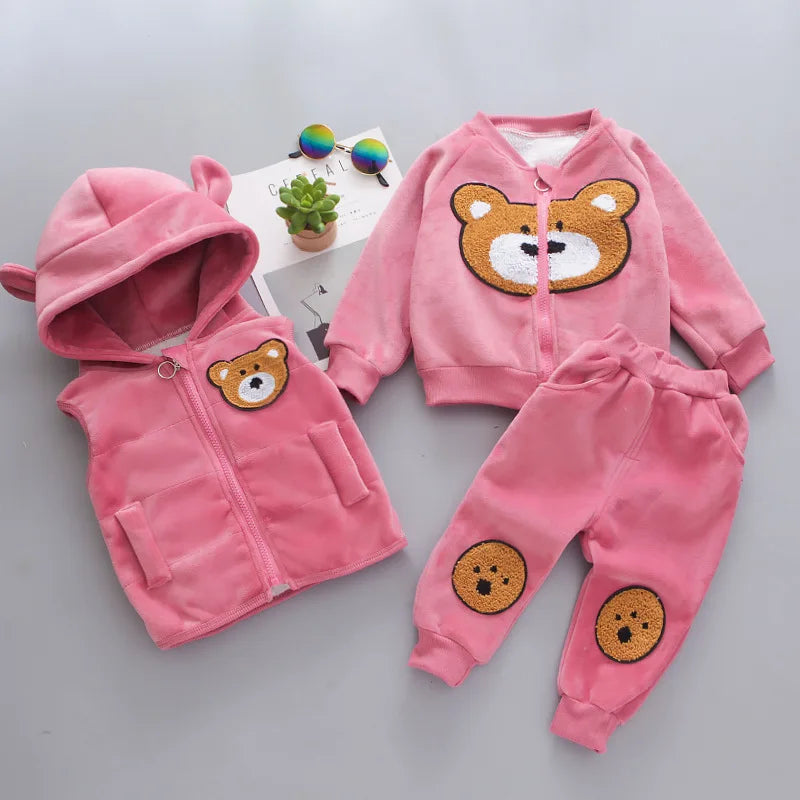 1 2 3 4 jahre Winter Baby Jungen Kleidung Sets Cartoon Bär Warm Halten Mantel + Kapuze Zipper Weste Und hosen Mädchen Anzüge Kinder Kleidung