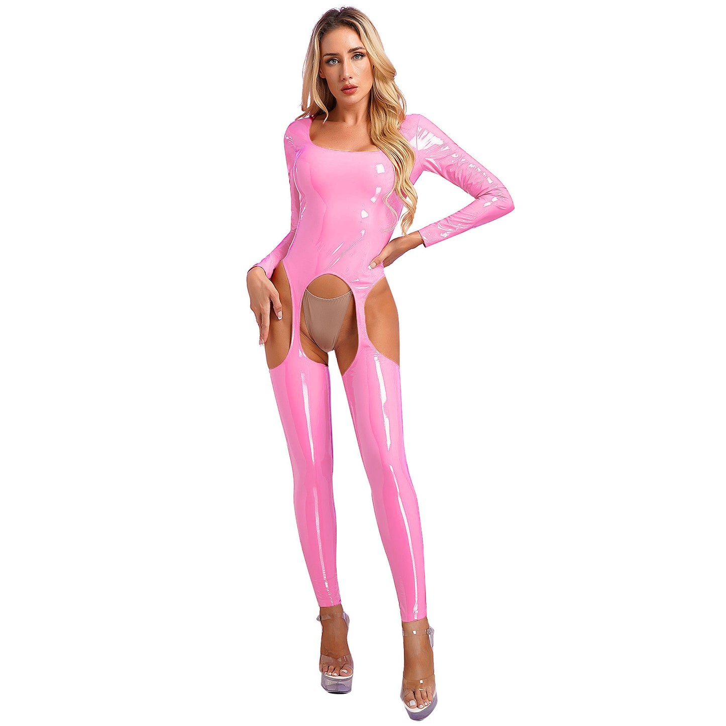 Damen Lack leder Ausschnitt Ganzkörper anzug Langarm Jumps uit mit offenem Schritt sexy aushöhlen Catsuit Pole Dance Clubwear