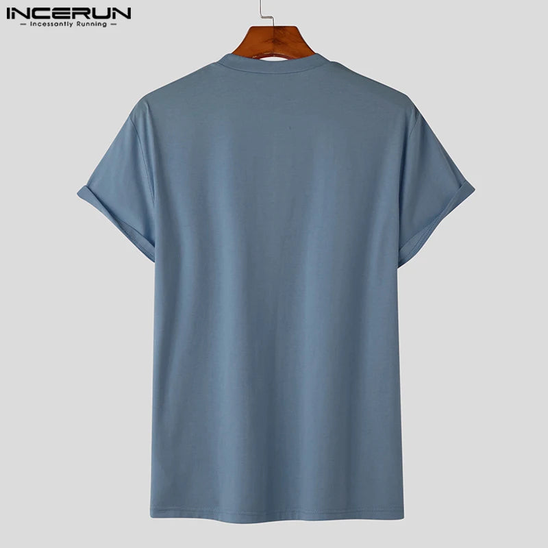INCERUN 2024 Men T Shirt Solid Color O-neck Short Sleeve Streetwear Casual Tee Tops Korean Summer Fashion Men Clothing S-5XL