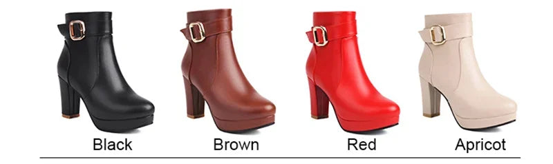 Rote Schnalle Gürtel Plateau Stiefeletten Damen Hohe Dicke Absätze Beige Schwarz Kleid Büro Damen Winter Runde bis Reißverschluss Kurze Stiefel