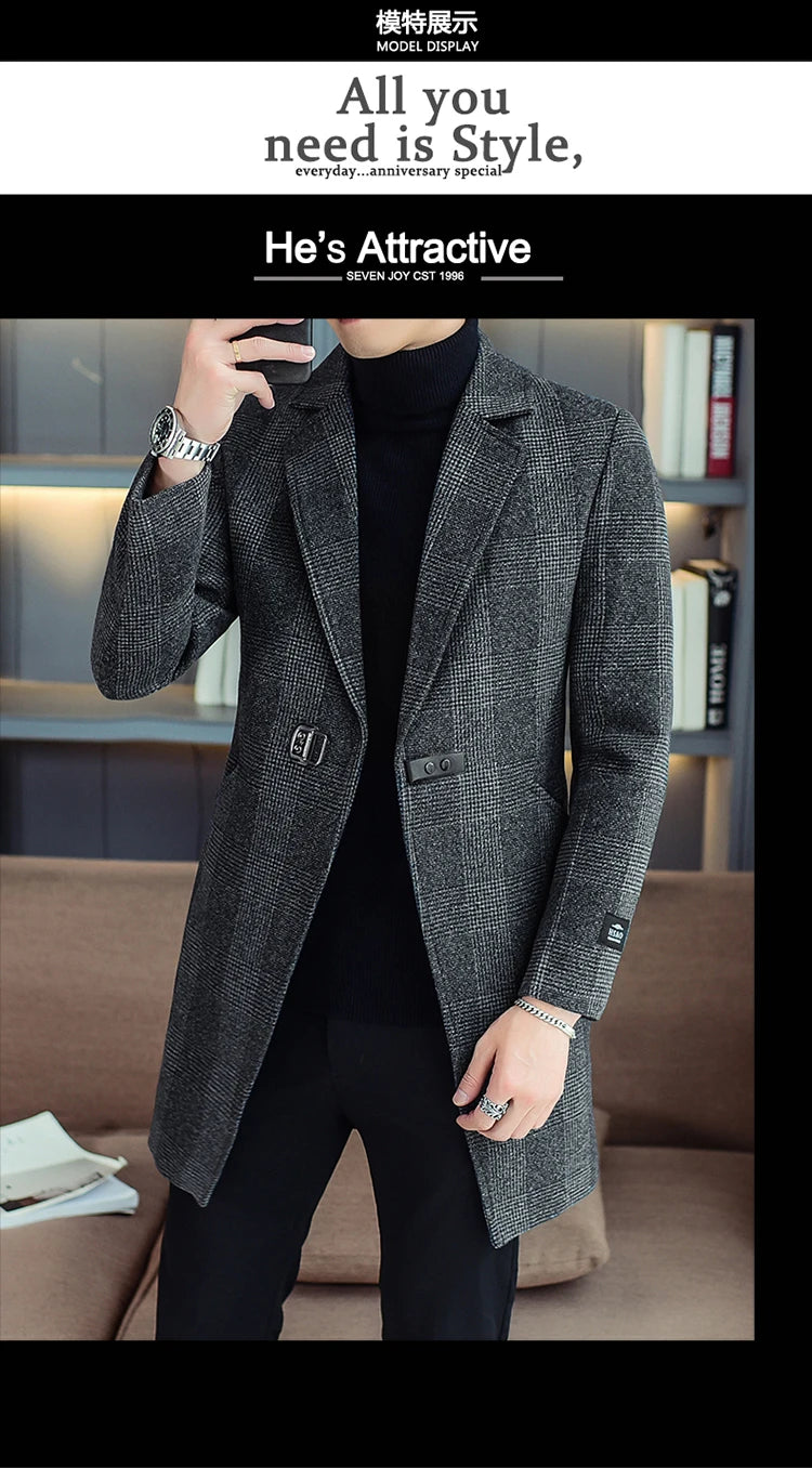 Business Casual Herren Mittellanger karierter Mantel Frühling Herbst Wollmäntel Outwear Karierte Windjacke Slim Fit Trenchjacken