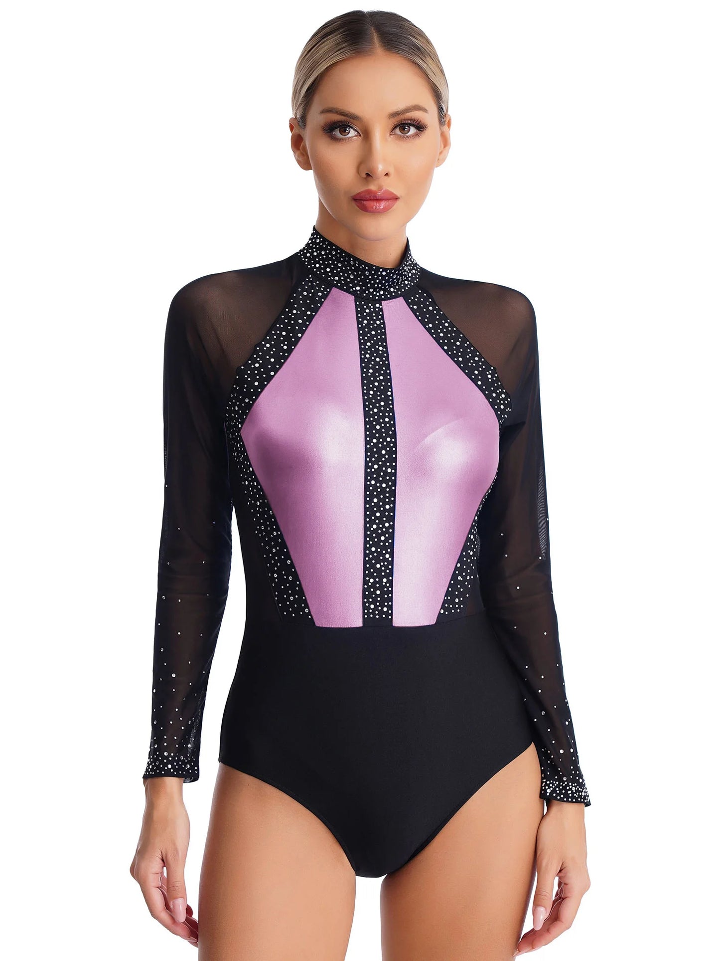 Funkelnde Strass steine für Damen Farb block Gymnastik Trikots Langarm Ballett Tanz Bodysuit Overall sportliche Tanz kleidung