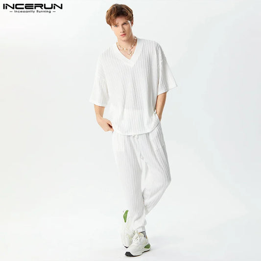 INCERUN Men Sets Solid Streetwear V Neck Short Sleeve T Shirt & Pants 2PCS Loose 2024 Summer Fashion Men's Casual Suits S-5XL