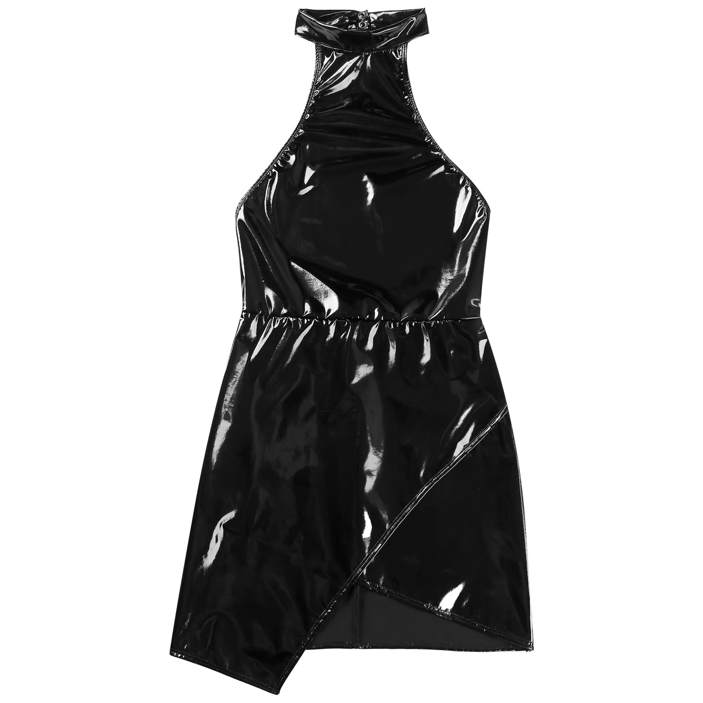 Sexy rücken freie Neck holder Bodycon Kleid Frauen Lack leder asymmetrischen Saum Mini kleid ärmellose Latex Nachtclub wear benutzer definierte