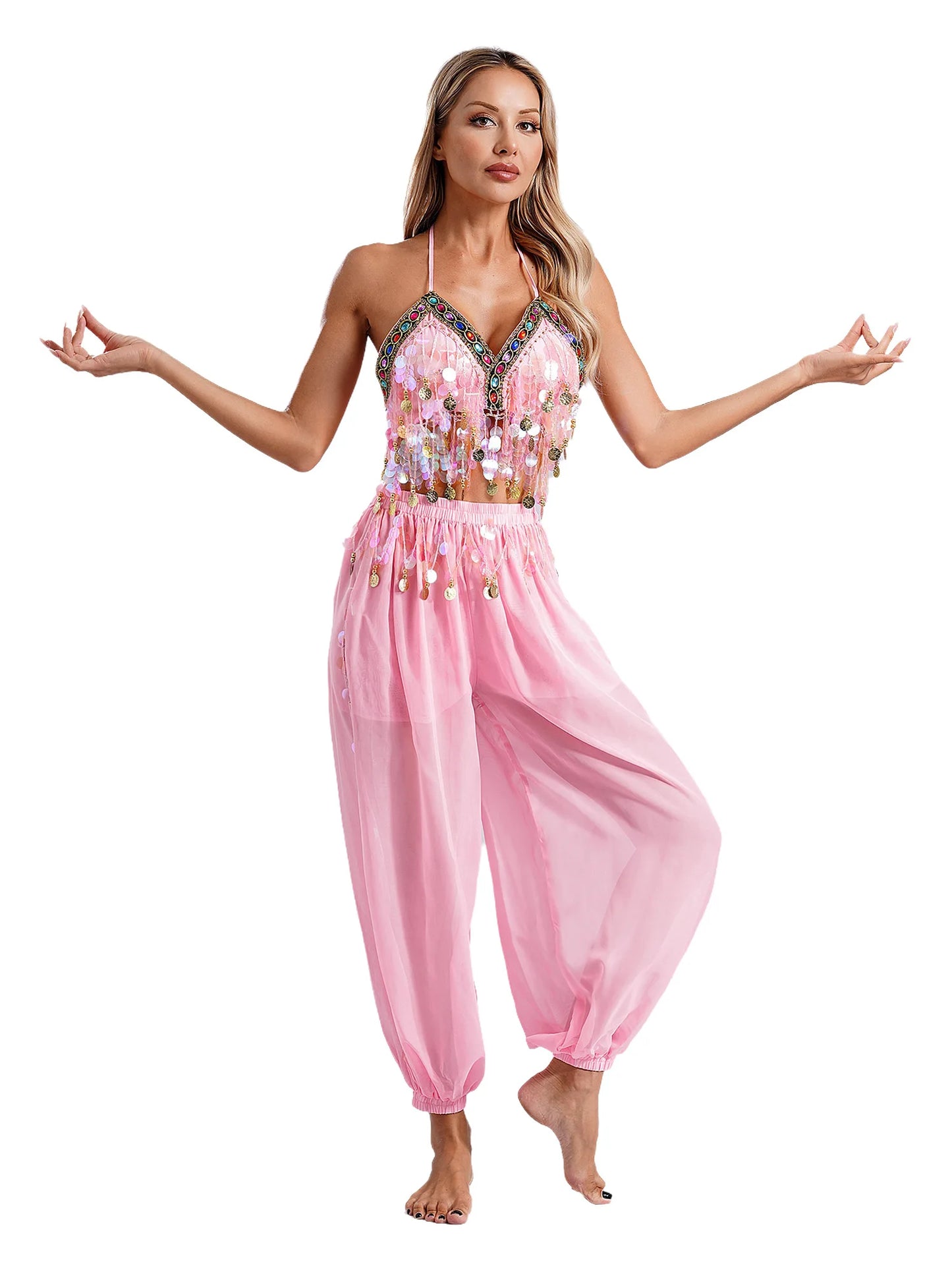 Damen Bauchtanz Outfit Pailletten Tops mit Harems hosen Halloween Kostüm Bollywood indischen Tanz Bühne Performance Kostüm