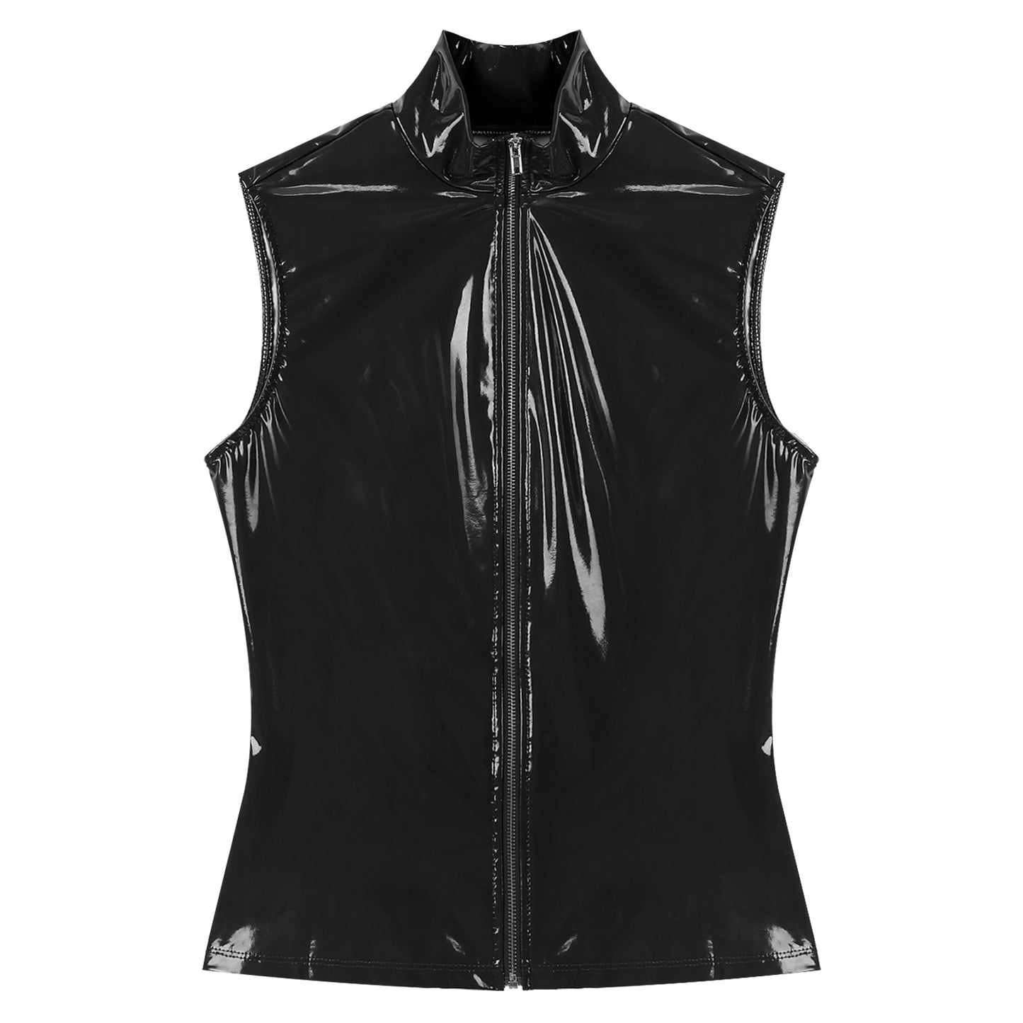 Frauen Wet Look PVC Leder Mock Neck Sleeveless Crop Tops Weste Zipper Leibchen Bluse Rave Dance Jacke Steampunk Clubwear