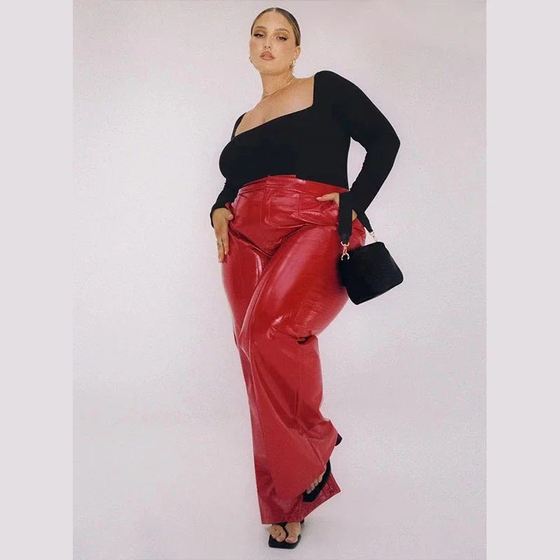 Plus Size Damen Glänzende Lacklederhose 7XL Hohe Taille Faux Latex Gerade Hose 8XL mit Tasche Flare Hose 9XL Clubwear