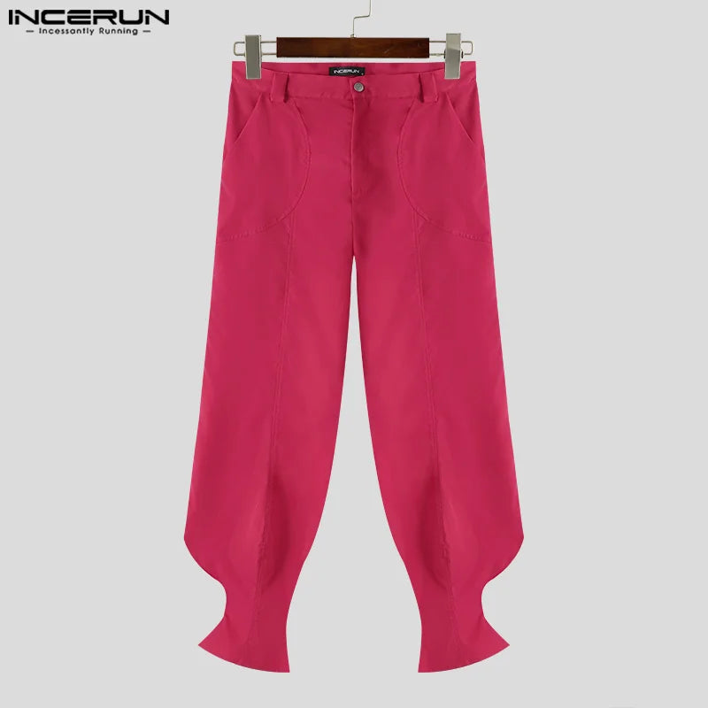 INCERUN Men Irregular Pants Solid Color Button Joggers Loose Casual Trousers Men Streetwear 2024 Pockets Fashion Leisure Pants