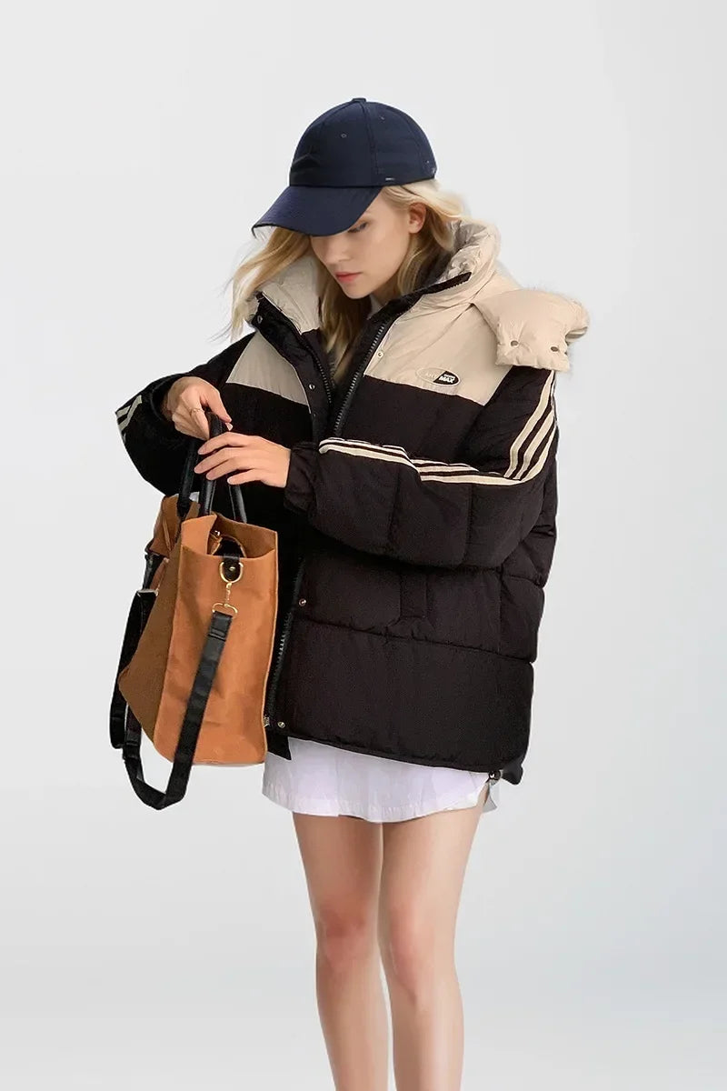 2024 neue Winter Damen jacke Kontrast lässig Kapuze Daunen Baumwoll jacke weiblich verdicken warme lose Puffer gepolsterte Parkas Mäntel