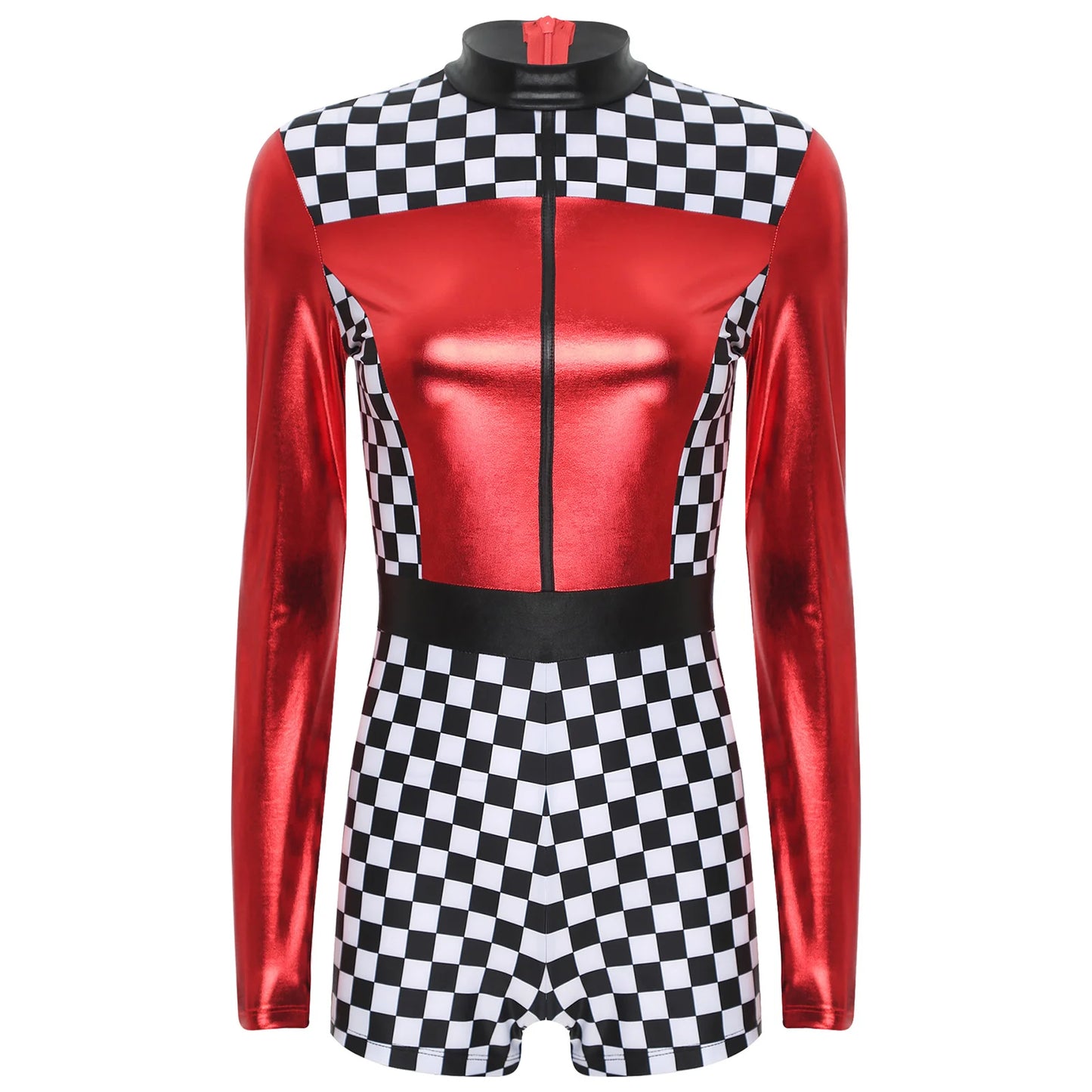 Womens Speed Car Driver Kostüm Halloween Racer Pullover Langarm Metallic Bodysuit Overall Cosplay Party Kostüm