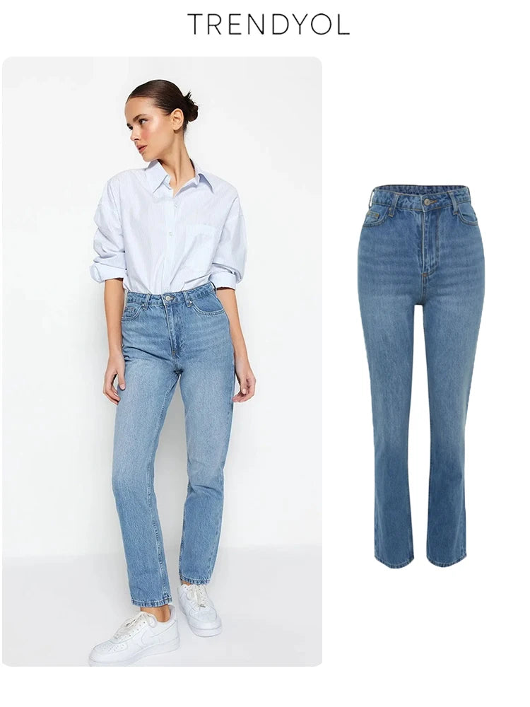 Trendyol TYZA Damen-Jeans mit hoher Taille, gerade, 2024, Herbst, 100 % Baumwolle, Denim, Stretch, schmale Passform, klassische Baggy-Hose