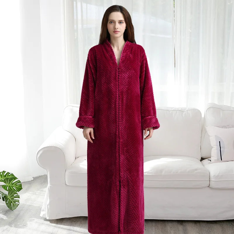 Frauen Winter extra lange warme Jacquard Flanell Bademantel schwangeren Reiß verschluss plus Größe Bademantel Lounge Korallen Fleece Bademantel