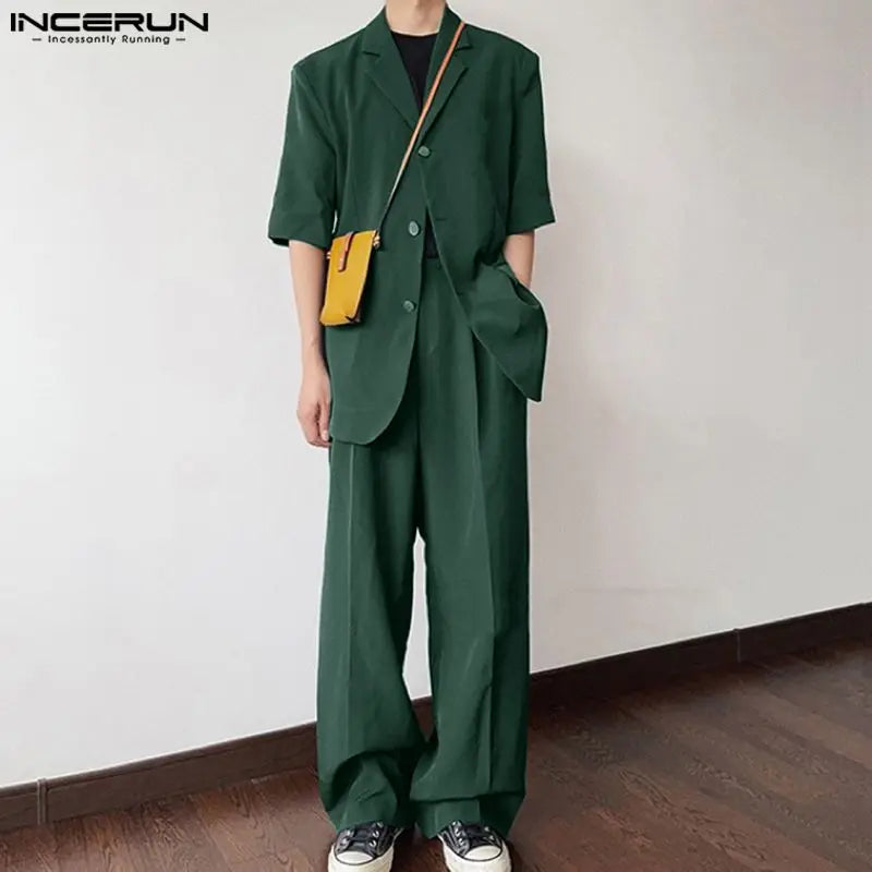 INCERUN Men Sets Solid Color Lapel Short Sleeve Blazer & Straight Pants 2PCS Streetwear 2024 Fashion Men's Casual Suits S-5XL