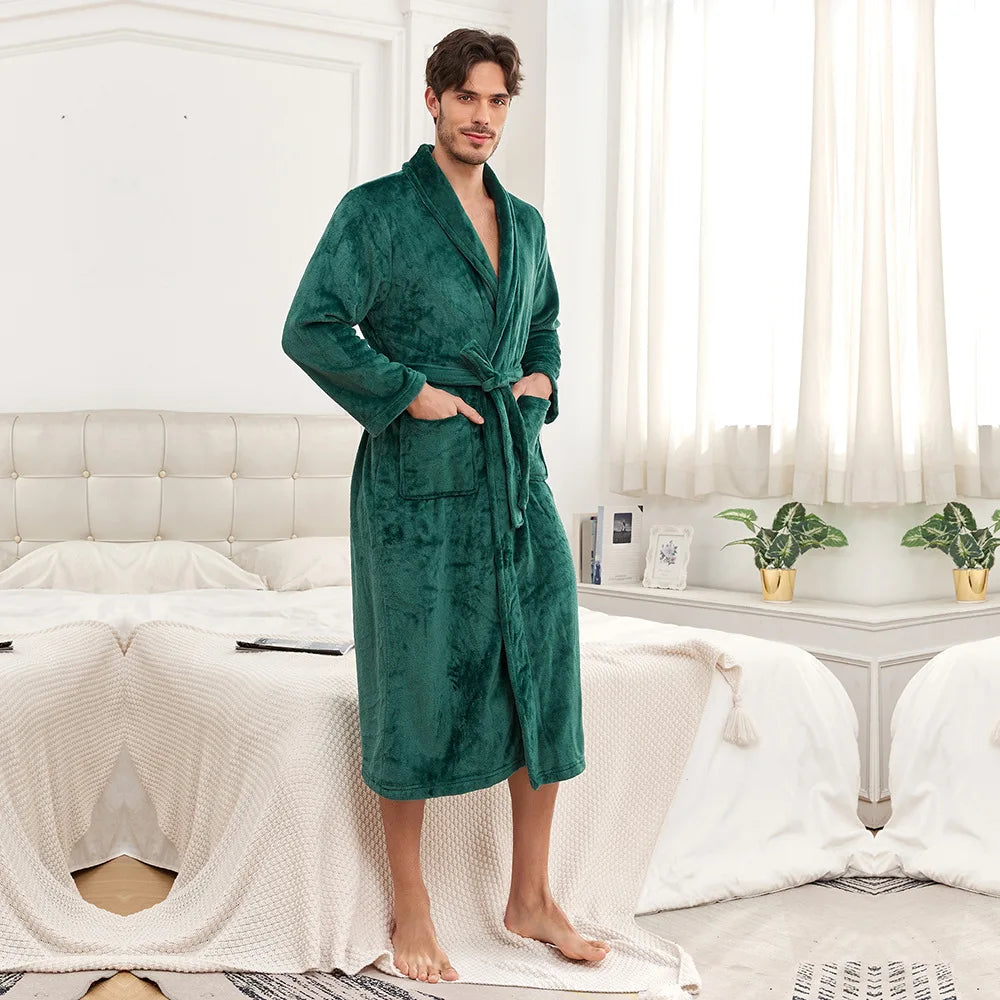 Herren Robe Flanell Kimono Nachtwäsche Lose Winter Homewear Bademantel Kleid Dusche Einfarbig Nachtwäsche mit Tasche Loungewear