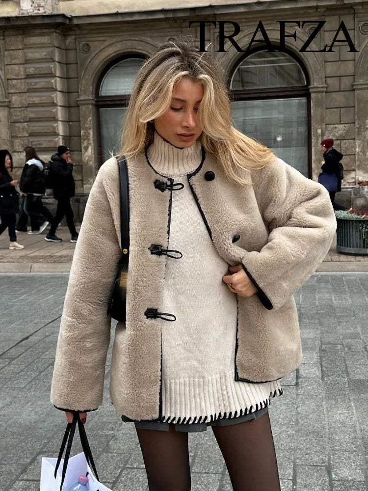 TRAFZA Frauen Mode Faux Pelz Lammwolle Mantel Winter Weibliche Einfache Casual Oansatz Taschen Straße Langarm Kurzarm Mantel Streetwear