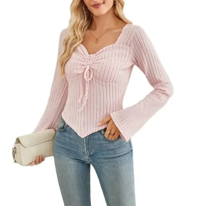 Frauen Süße Stil Einfarbig T-Shirt Kordelzug Spitze-up Ausgestelltes Langarm Pit Streifen Tops Weibliche Herbst Casual Slim Fit tees