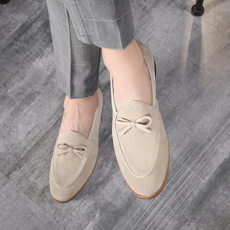 Men's Casual Shoes Nubuck Genuine Leather Men Trendy Bowknot Party Wedding Loafers Flats Mens Driving Moccasins EUR Sizes 38-48