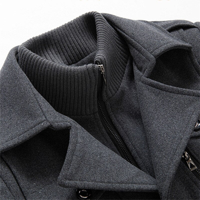 New Winter Mens Wool Blends Coats Solid Color Thick Warm Woolen Overcoat Double Neck Trench Coat Men Single Breasted Windbreaker