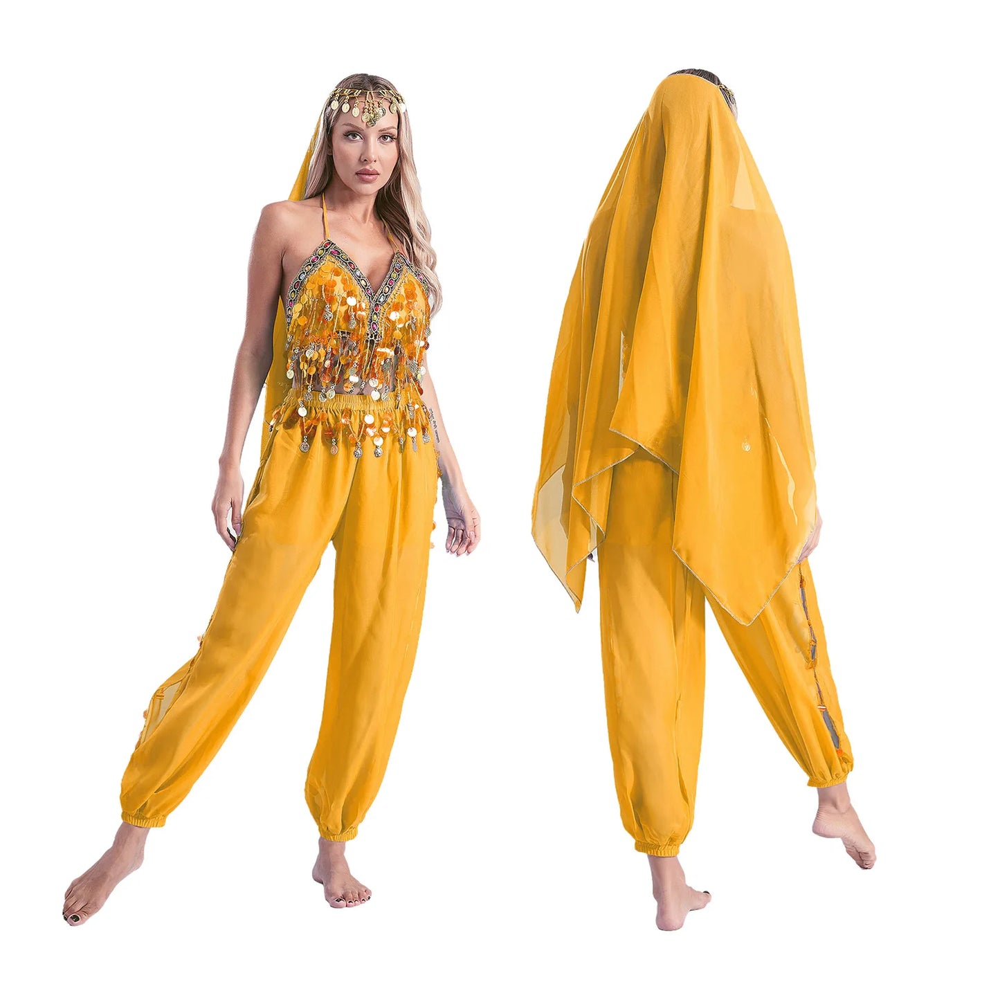 Damen Bauchtanz Prinzessin Kostüm Pailletten Top Harems hose mit Kopfs ch leier für indische Bollywood Halloween Party Bühnen performance