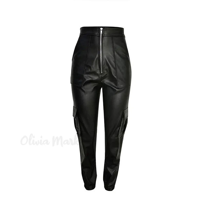 Women's High Waist PU Leather Pencil Pants with Zipper, Double Gathered Pockets, Bodycon Trousers, Sexy Clubwear, 2023