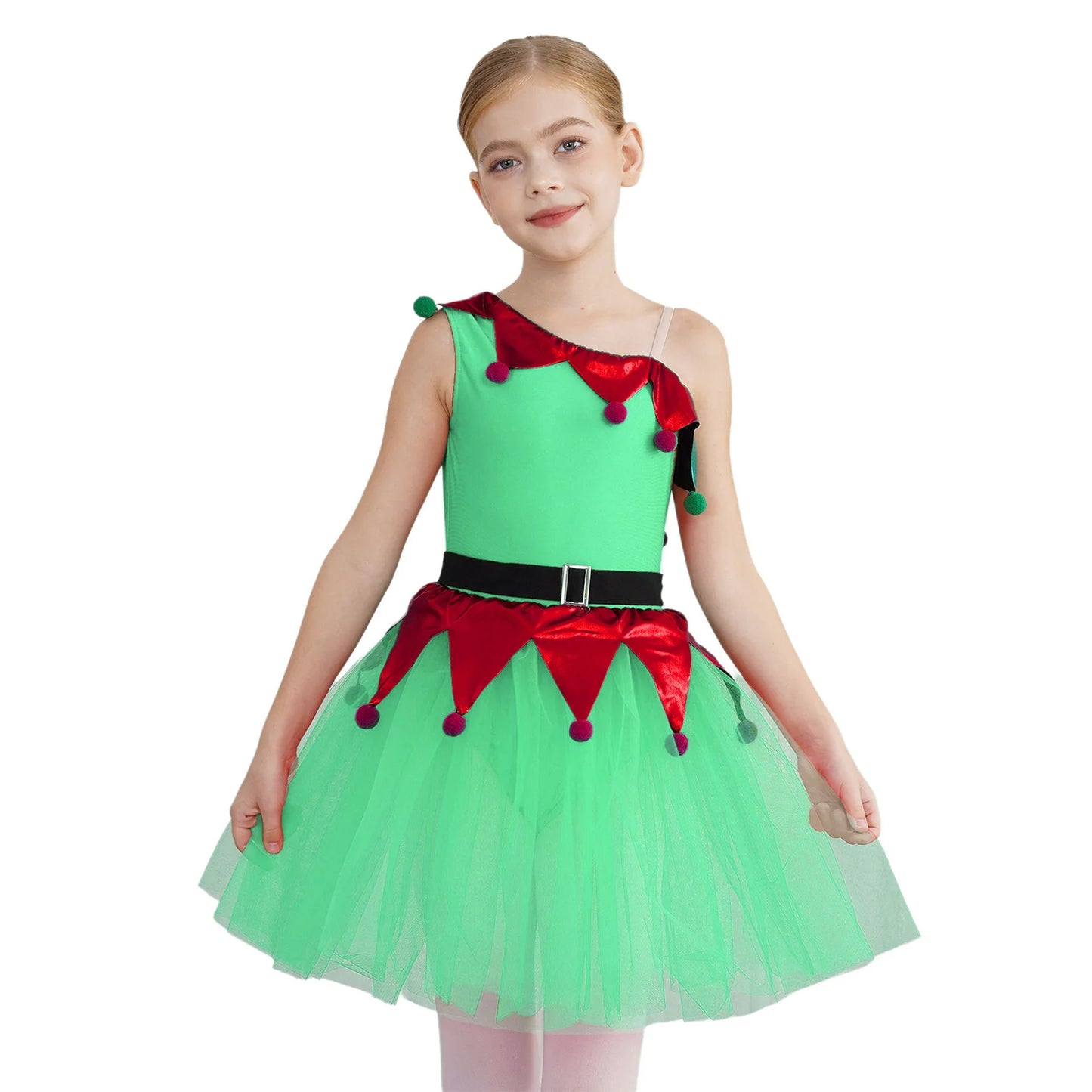 Kinder Mädchen eine Schulter Weihnachten Tanz Tutu Kleid Trikot Weihnachten Urlaub Party Santas Helfer Festivals Performance Kostüm