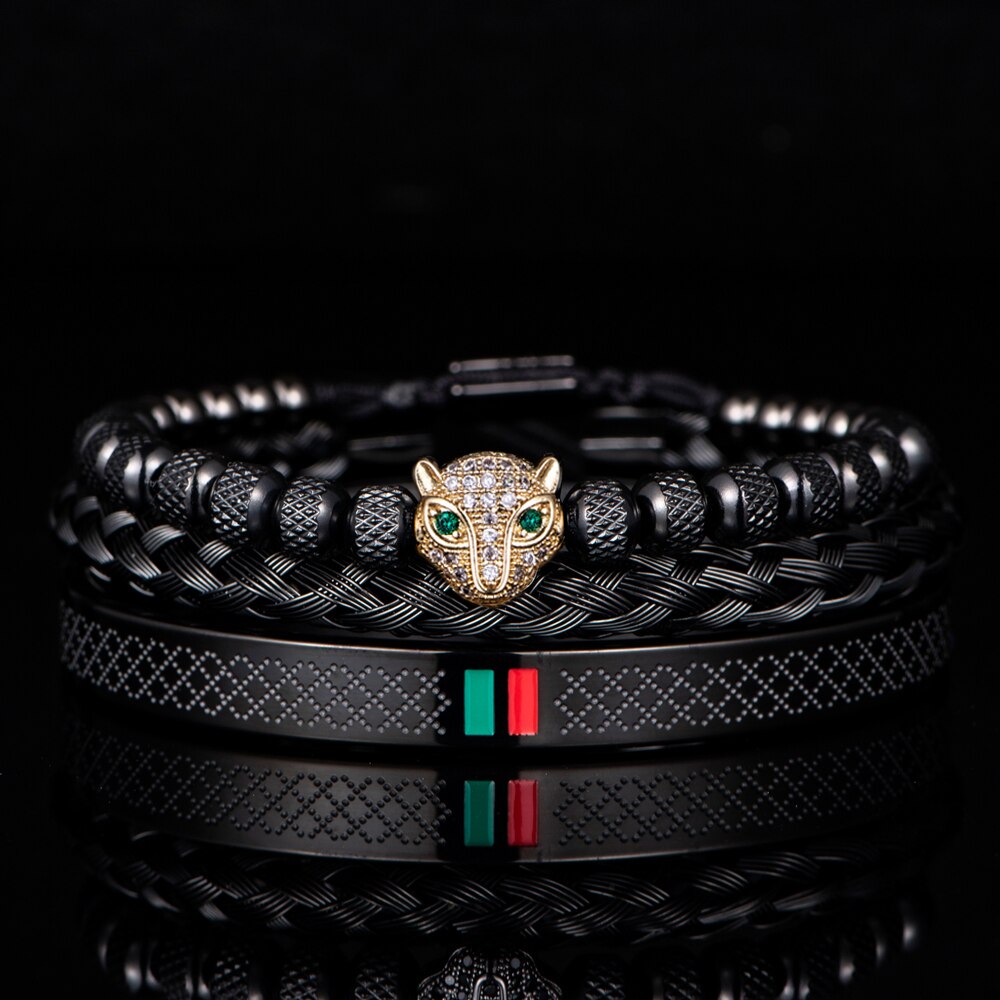 Luxury Handmade Braiding Bracelet  Men Pave CZ Leopard Head Enamel Green Red Bracelet Stainless Steel Jewelry Dropshipping