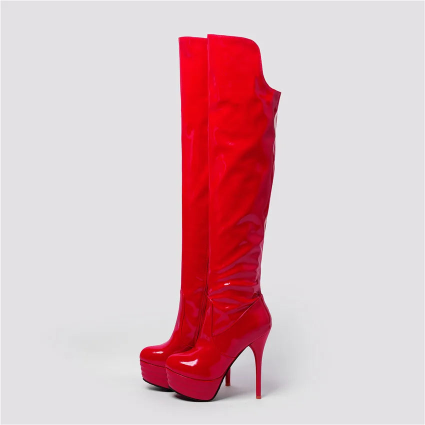 Sexy Frauen Oberschenkel hohe Plattform Stiefel schwarz rot Lack leder dünne Absätze runde Zehen Party Club Fetisch Dame Reiß verschluss über Knie Stiefel