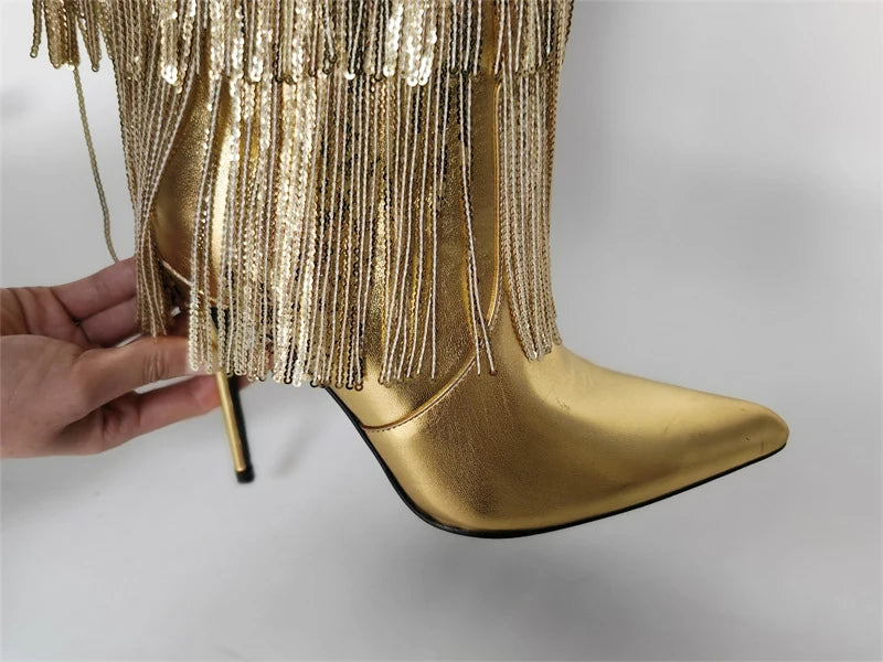 Only maker Frauen spitzen Zehen Gold Fransen Metallic schlank über dem Knie Stiefel Stiletto sexy Tanz Oberschenkel Stiefel