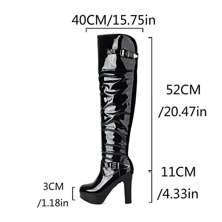 Plus Size Knöchel Metall Gürtels chnalle Lack leder lange Stiefel Oberschenkel Metall Aufkleber dicken Plüsch Futter Damen Overknee Stiefel