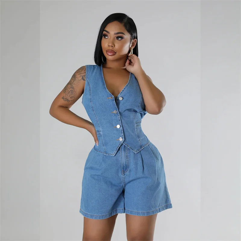 Sommer V-Ausschnitt ärmellose Westen Frauen zweiteilige Sets gerade Jeans shorts weibliche Anzüge lässige einreihige Strickjacke Weste