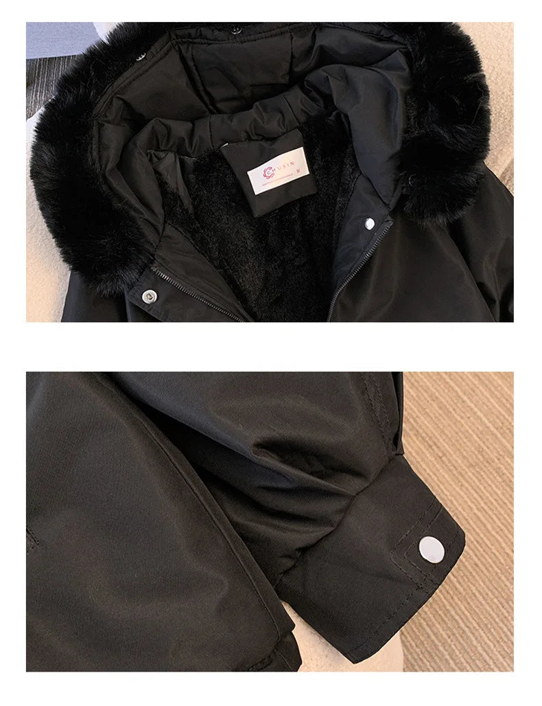 Fleece gefütterte Kapuze Daunen jacke Wintermantel für Frauen warme Kordel zug gepolsterte Parkas koreanische lässige Streetwear weibliche Puffer Outwear