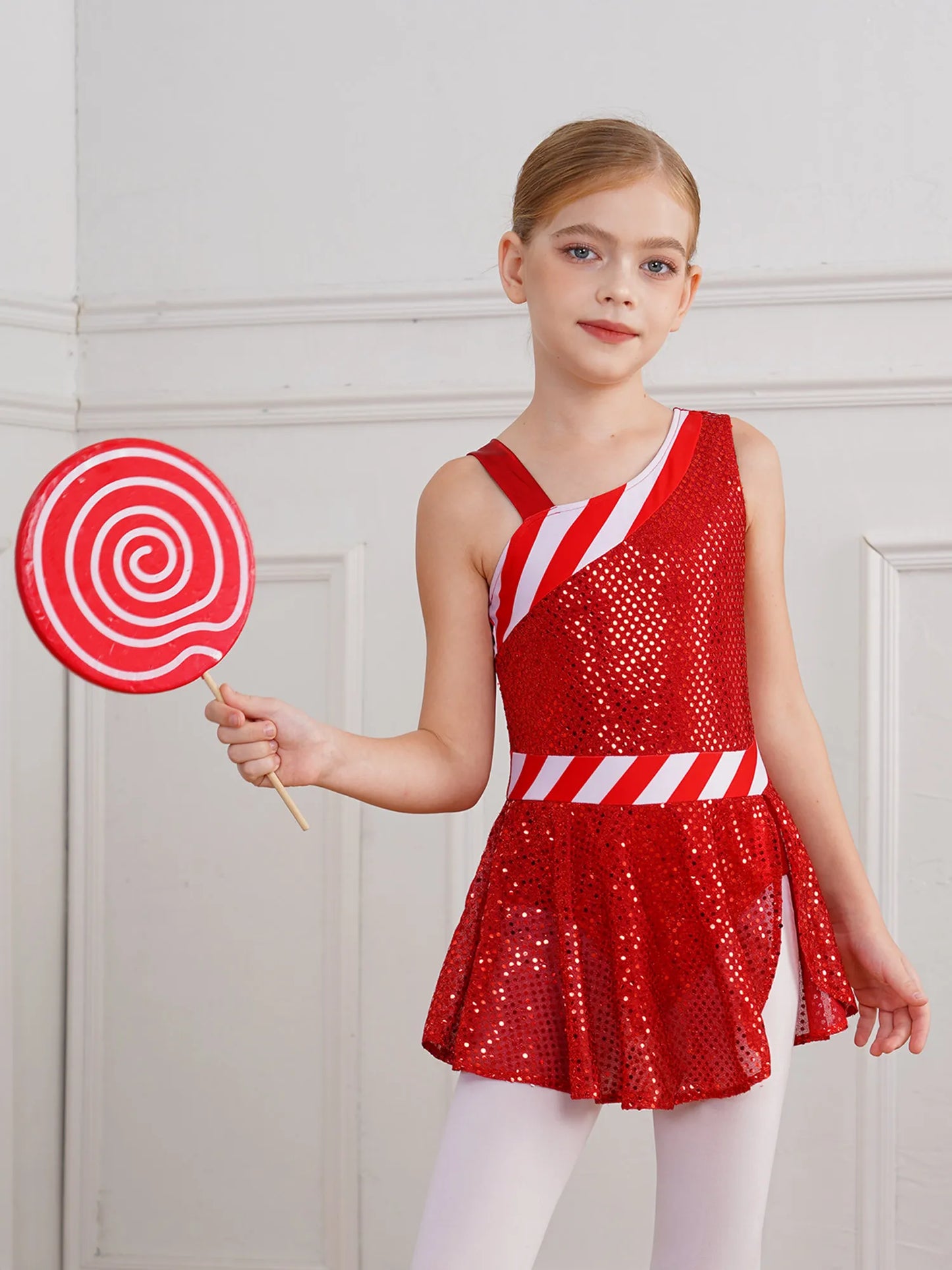 Kids Girls Shiny Sequins Christmas Dance Dresses Xmas Santa Claus Candy Cane Costume Figure Ice Skating Performance Dress